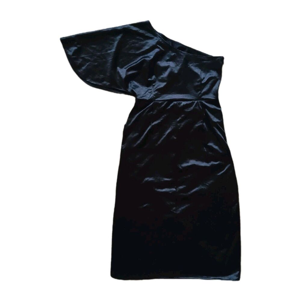 Ladmous Large Black One Sleeve Ruched Waist Satin Midi Dress Party Vixen Glam